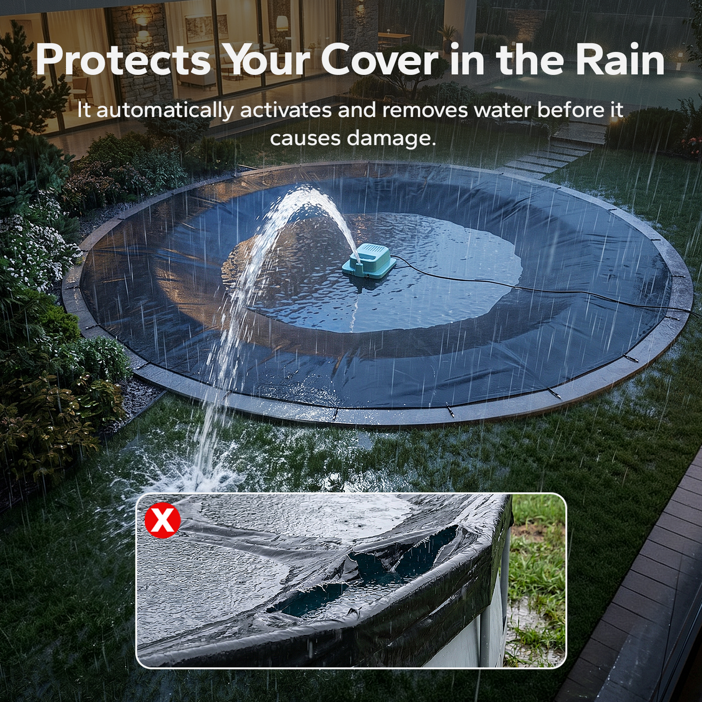 Pool Cover Pump with Built-in Nozzle, 950 GPH Automatic Submersible Pump 25ft Cord,  110W Motor